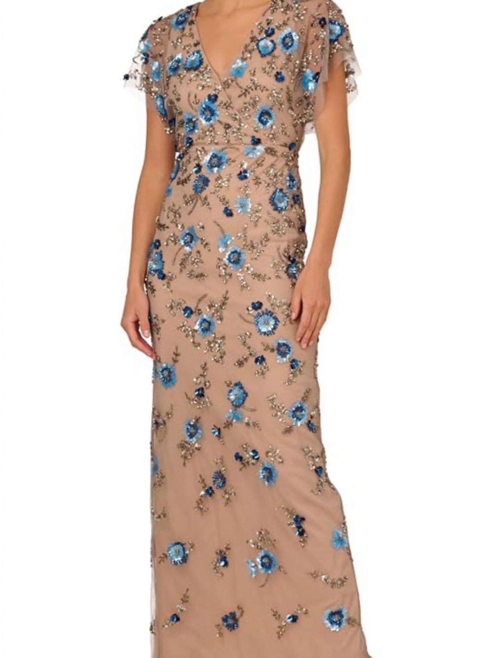Adrianna Papell Nude Maxi Dress with Blue Floral Sequin Embroidery